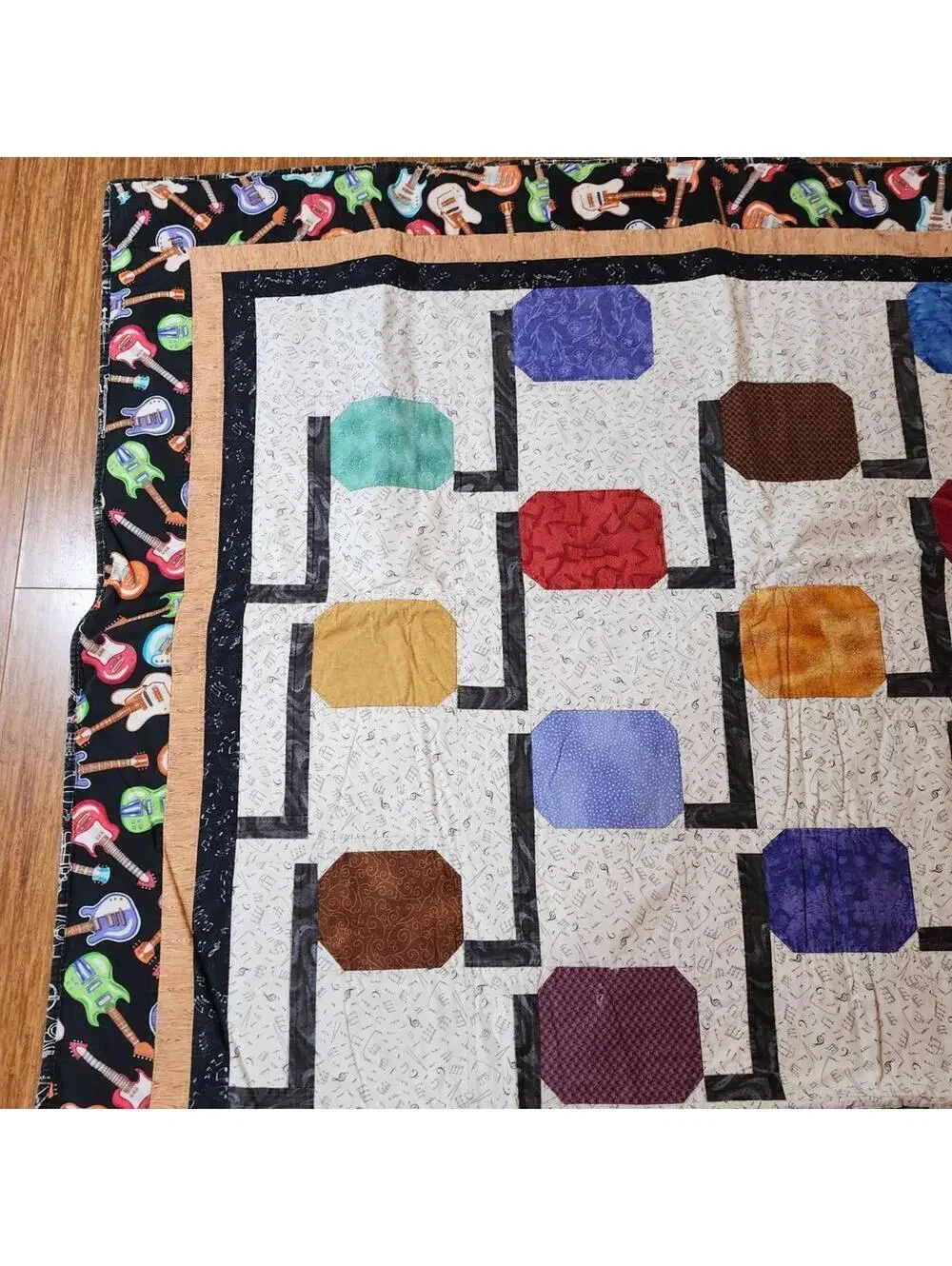 Colorful Handmade Quilt with Musical Guitar Border 60 x 86 Inch